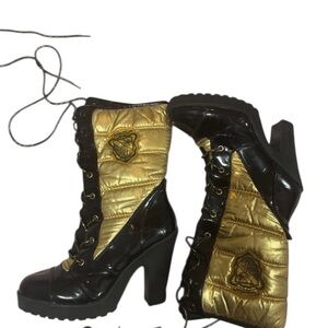 Gold and Black Quilted Lace-Up Heeled Boots